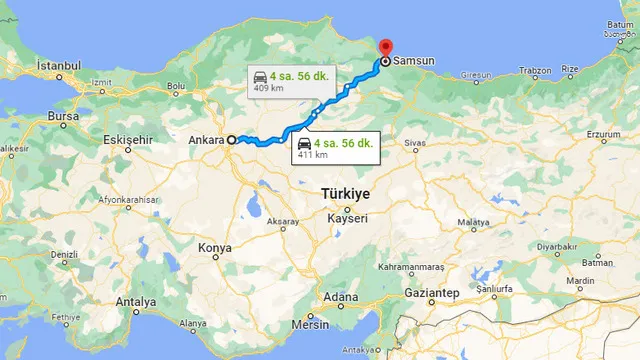 Ankara Samsun arası kaç km? 