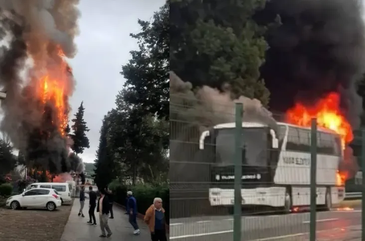 Ölümden döndüler! Futbolcuları taşıyan otobüs cayır cayır yandı