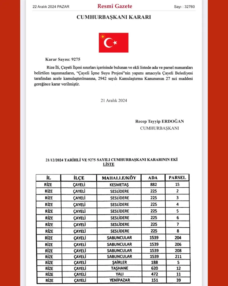 Çayeli Belediyesi, Seslidere İçmesuyu Projesi İçin Acele Kamulaştırma Kararı Alındı