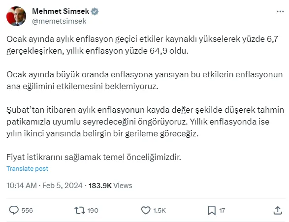 Mehmet Şimşek Ocak ayı enflasyon verileri için ne söyledi?