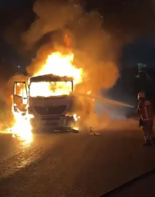 İzmir’de Kömür Yüklü Tır Alev Aldı, Sürücü Kurtuldu