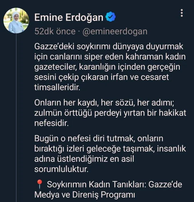 Emine Erdoğan’dan Gazze Mesajı: “Kadın Gazeteciler Hakikatin Cesur Tanıklarıdır”