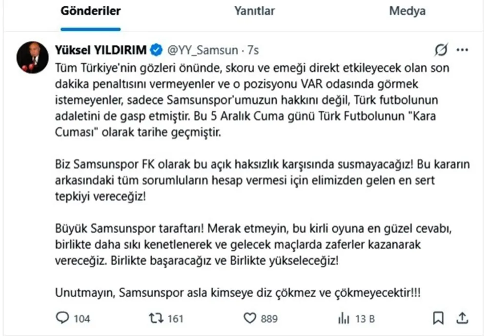 Başkan Yıldırım’dan Galatasaray maçına sert tepki: “Samsunspor asla diz çökmez”
